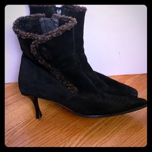 Stuart Weitzman black suede booties with faux fur